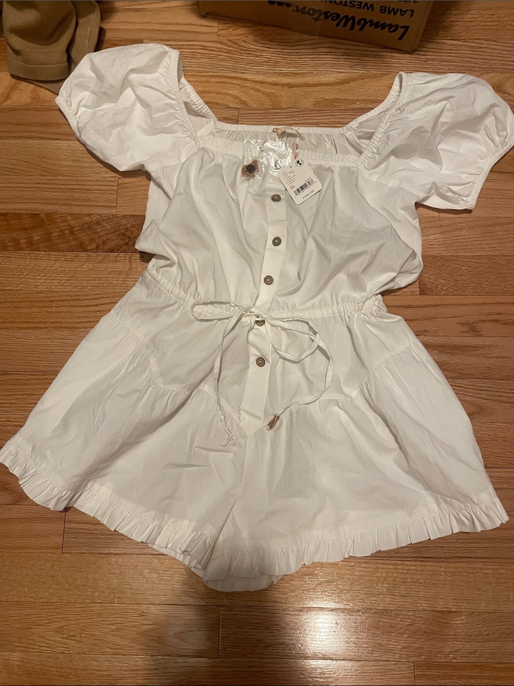 Free People White Button-Front Cotton Romper with Puff Sleeves